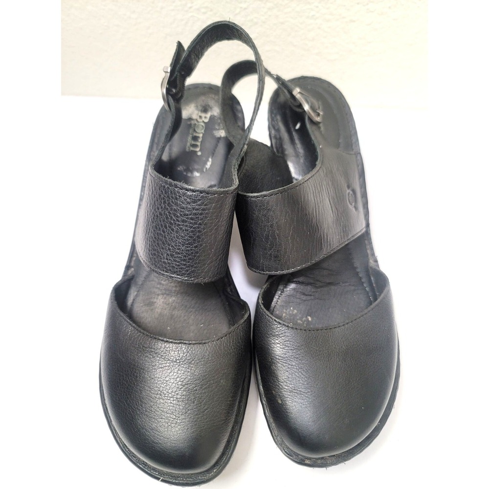 Born Black Leather Women's Slingback Sandals Buckle Adjustable Strap & Low Wedge